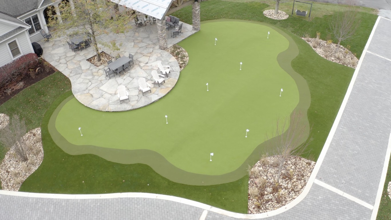 Aerial view of putting green installation in Waukegan, IL